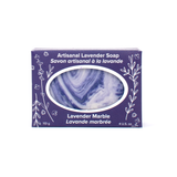 A marbled purple and cream bar of soap in a deep purple box with white line drawings of lavender sprigs and flowers. Text reads Artisanal Lavender Soap (Lavender Marble)