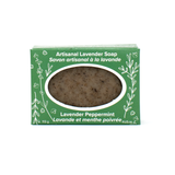 An olive-coloured bar of soap in a kelly green box with white line drawings of lavender sprigs and flowers. Text reads Artisanal Lavender Soap (Lavender Peppermint)